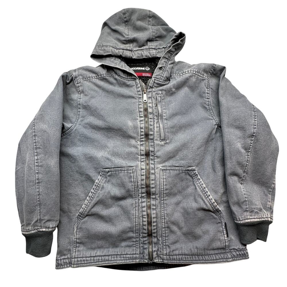 Wolverine Sherpa Fleece Lined Duck Canvas Work Jacket Mens Medium Gray Hooded
